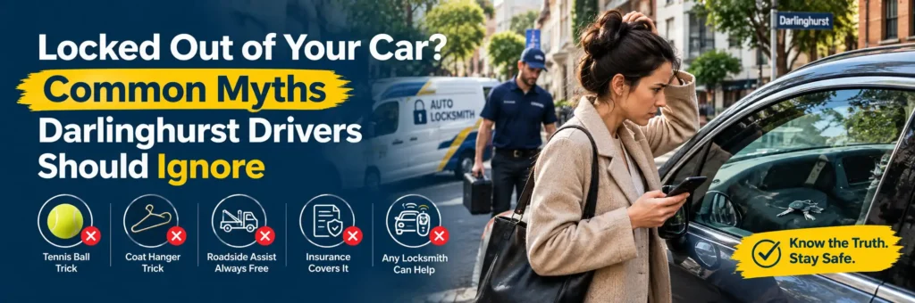 Locked-out driver in Darlinghurst beside a car with keys inside, highlighting common car lockout myths and professional auto locksmith assistance.
