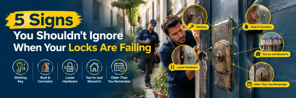 5 signs your Darlinghurst home locks need replacing, including a sticking key, rust and corrosion, loose hardware, an older lock, and recent home move-in.