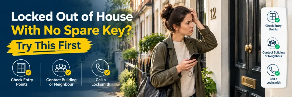 Woman locked out of her house in Darlinghurst checking entry points and contacting a neighbour or locksmith