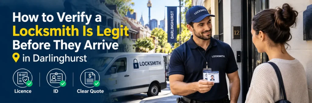 Homeowner verifying a licensed locksmith’s ID, licence and clear quote before service in Darlinghurst